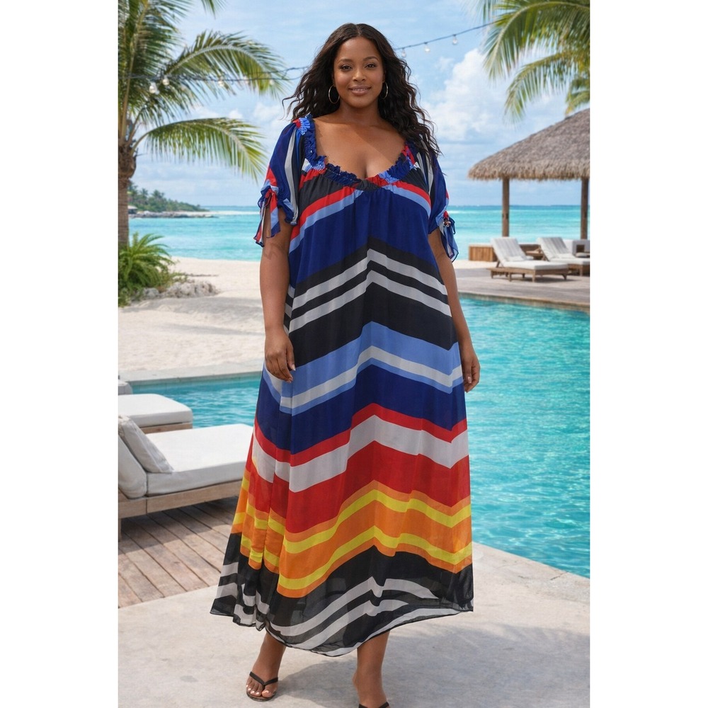 Ashley Stewart Striped Off Shoulder‎ Maxi Dress Blue Red 3X NWT
